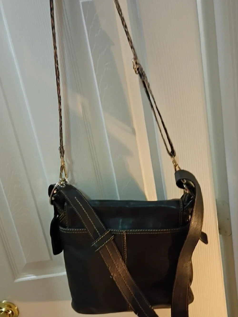Coach Leather Crossbody Bag with Leopard Strap - Black